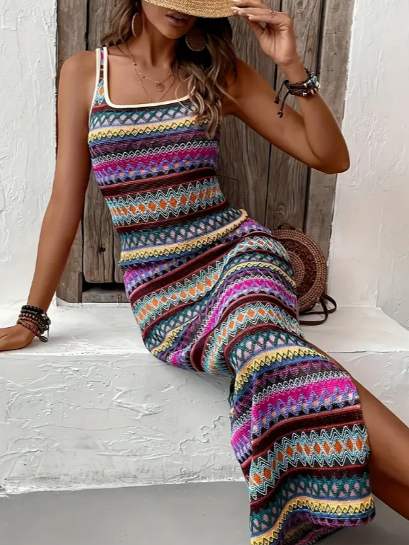 Robe longue sans manches femme à imprimé ethnique multicolore avec fente