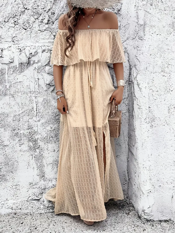 Robe longue épaules dénudées à pois en mousseline avec lien à la taille