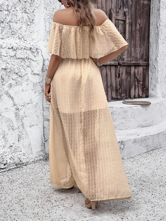 Robe longue épaules dénudées à pois en mousseline avec lien à la taille