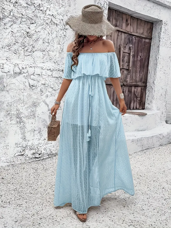 Robe longue épaules dénudées à pois en mousseline avec lien à la taille