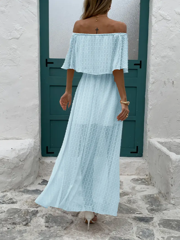 Robe longue épaules dénudées à pois en mousseline avec lien à la taille