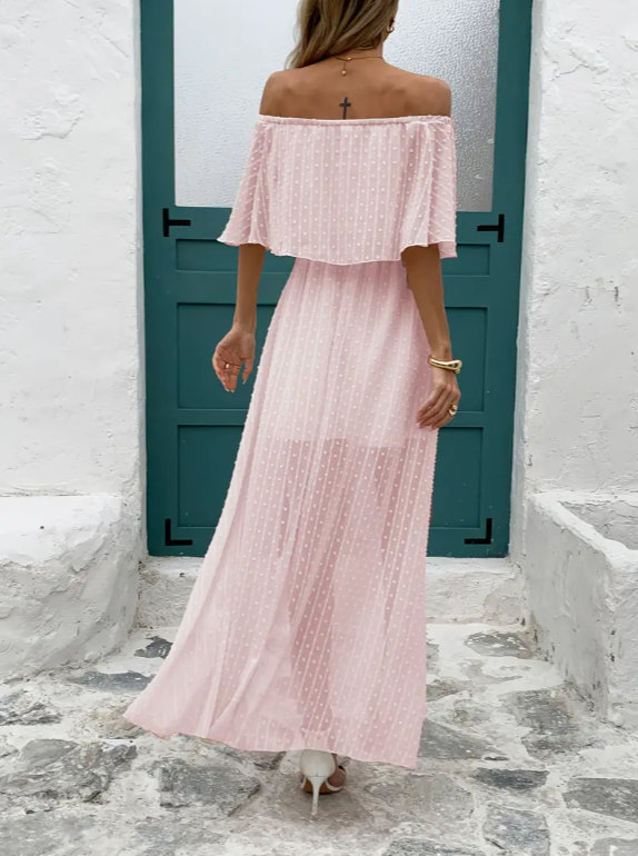 Robe longue épaules dénudées à pois en mousseline avec lien à la taille