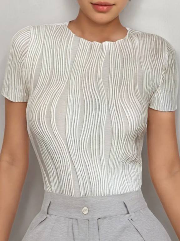 T-shirt femme texturé à col rond manches courtes – noir, blanc