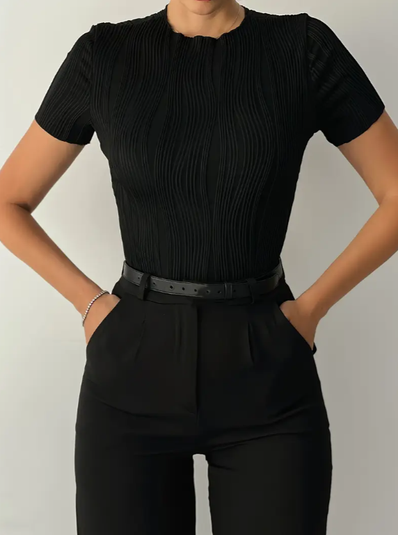 T-shirt femme texturé à col rond manches courtes – noir, blanc