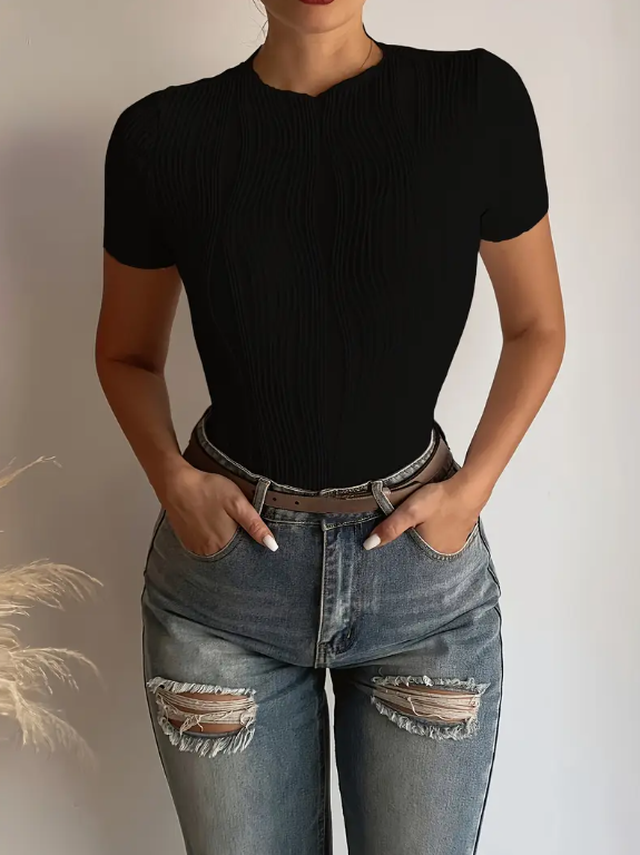 T-shirt femme texturé à col rond manches courtes – noir, blanc
