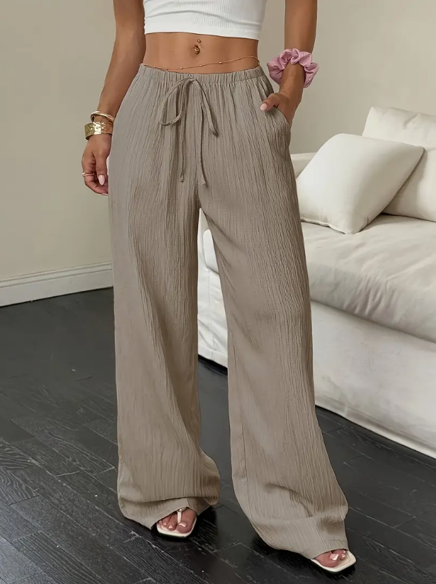 Pantalon large femme été à taille élastique – rose ou kaki
