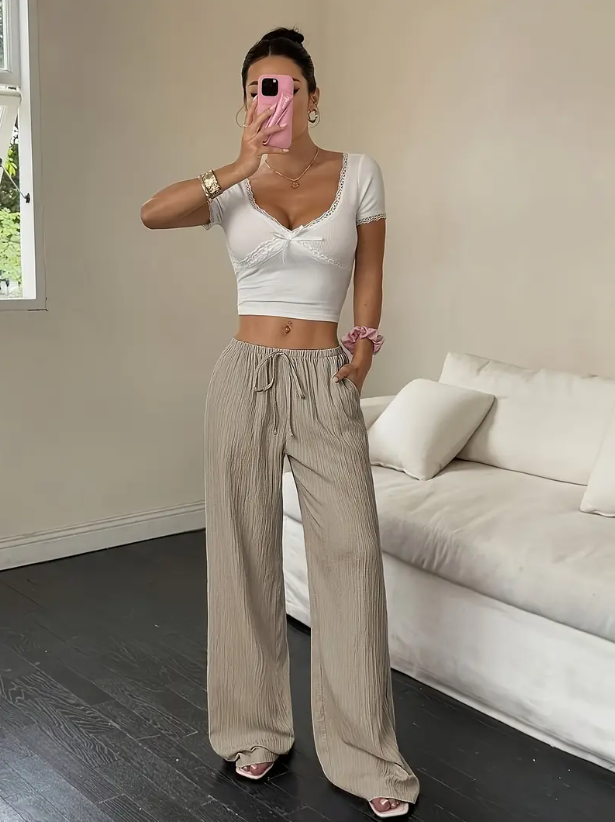 Pantalon large femme été à taille élastique – rose ou kaki