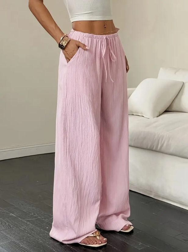 Pantalon large femme été à taille élastique – rose ou kaki