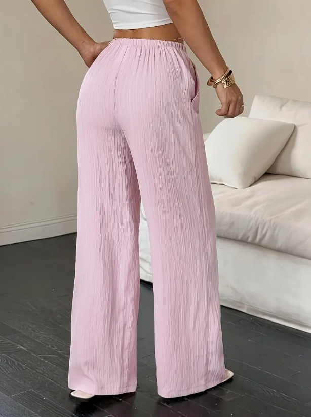 Pantalon large femme été à taille élastique – rose ou kaki
