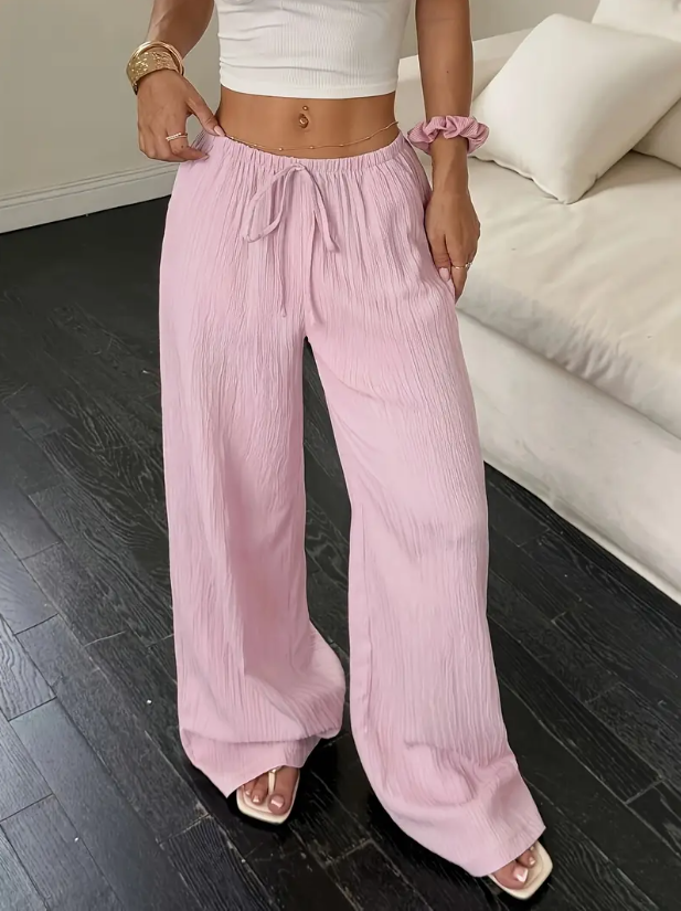 Pantalon large femme été à taille élastique – rose ou kaki