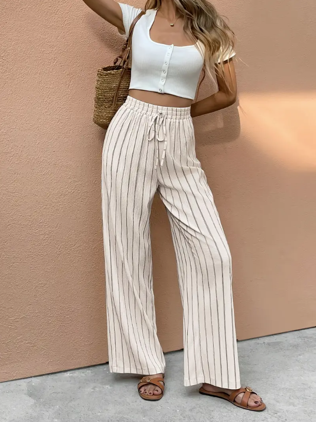 Pantalon large femme à rayures beige et marron avec taille ajustable