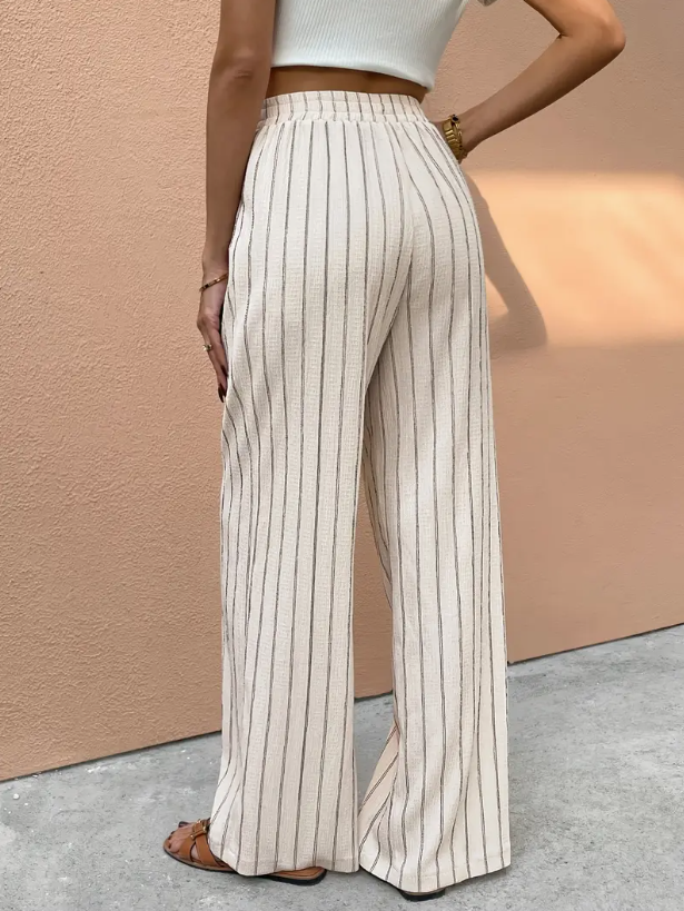 Pantalon large femme à rayures beige et marron avec taille ajustable