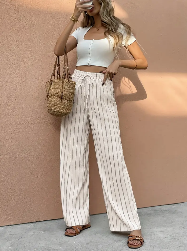 Pantalon large femme à rayures beige et marron avec taille ajustable