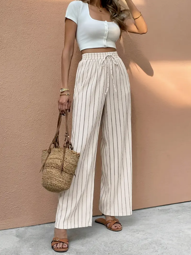 Pantalon large femme à rayures beige et marron avec taille ajustable