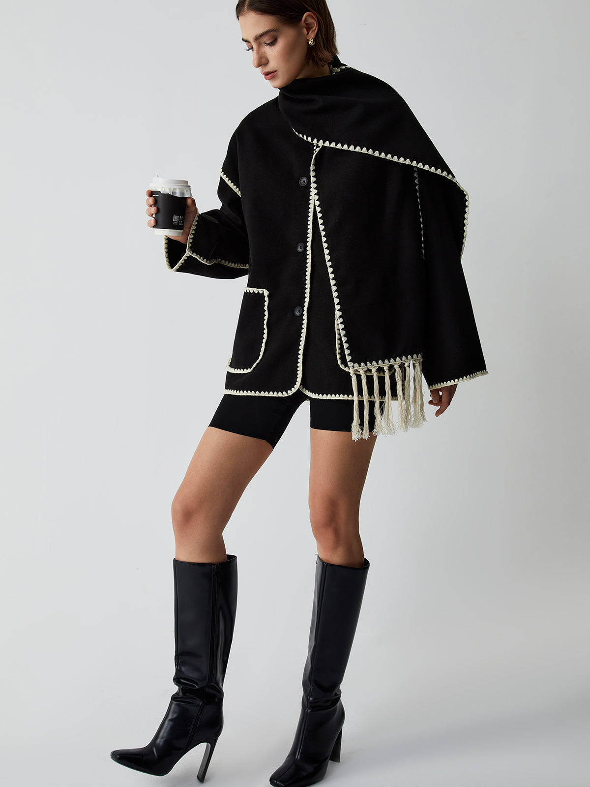 Jacke À Bordures Contrastées Avec Schal Assortie Pour Damen – Manteau Elegant Automne Hiver