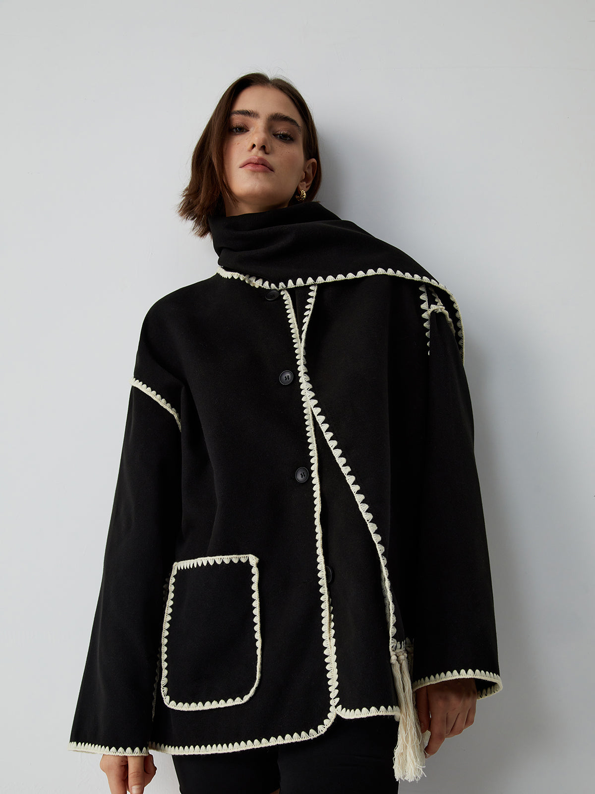 Jacke À Bordures Contrastées Avec Schal Assortie Pour Damen – Manteau Elegant Automne Hiver