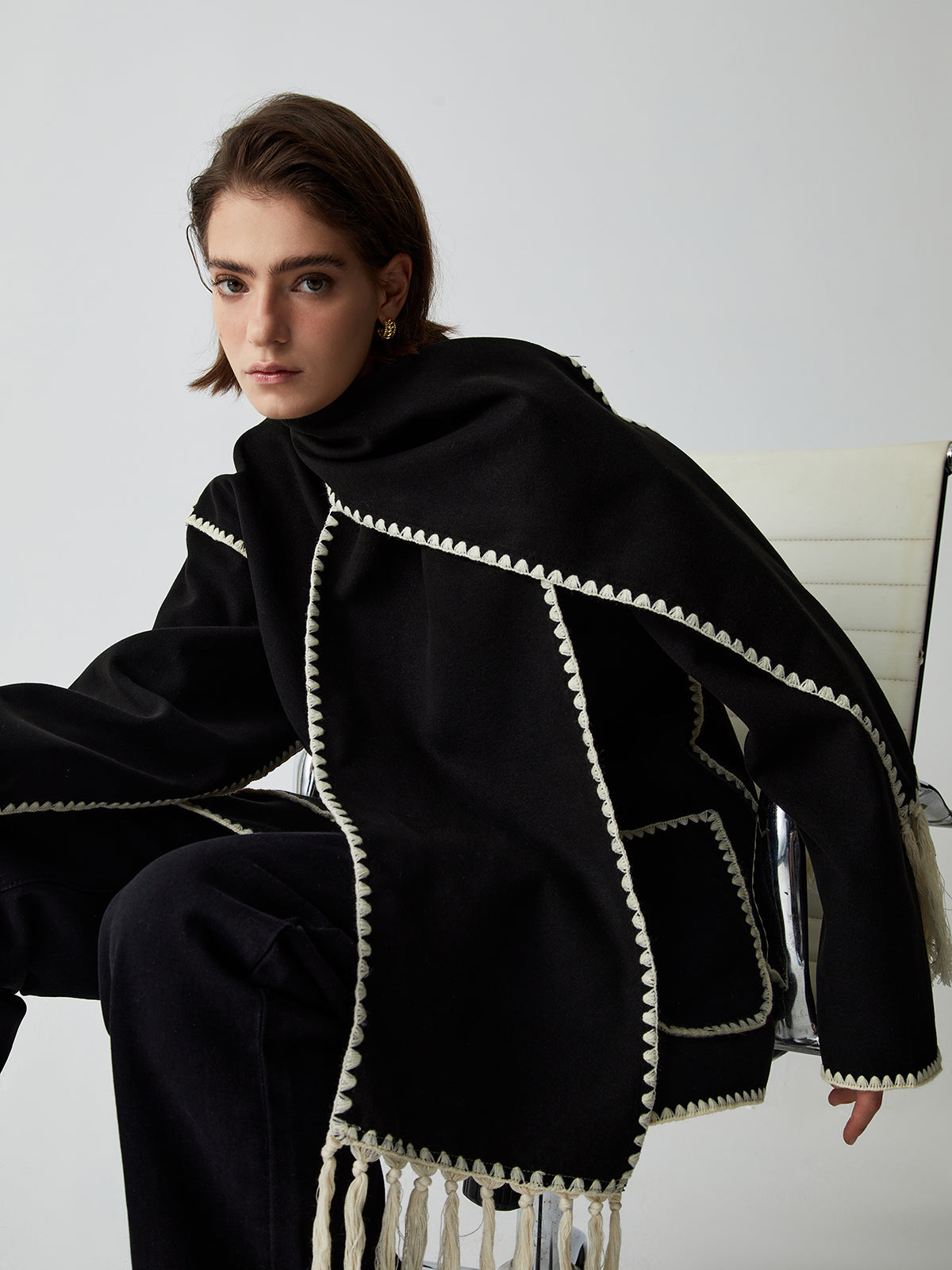 Jacke À Bordures Contrastées Avec Schal Assortie Pour Damen – Manteau Elegant Automne Hiver