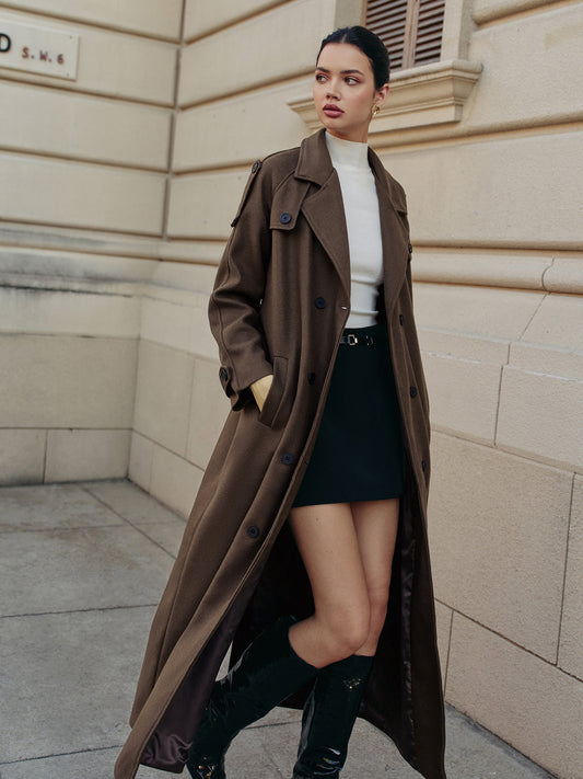 Langer Trenchcoat Braun | Herbstliche Eleganz | Verstellbarer Gürtel