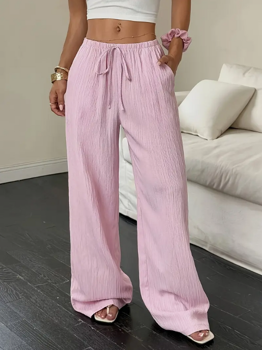 Pantalon large femme été à taille élastique – rose ou kaki