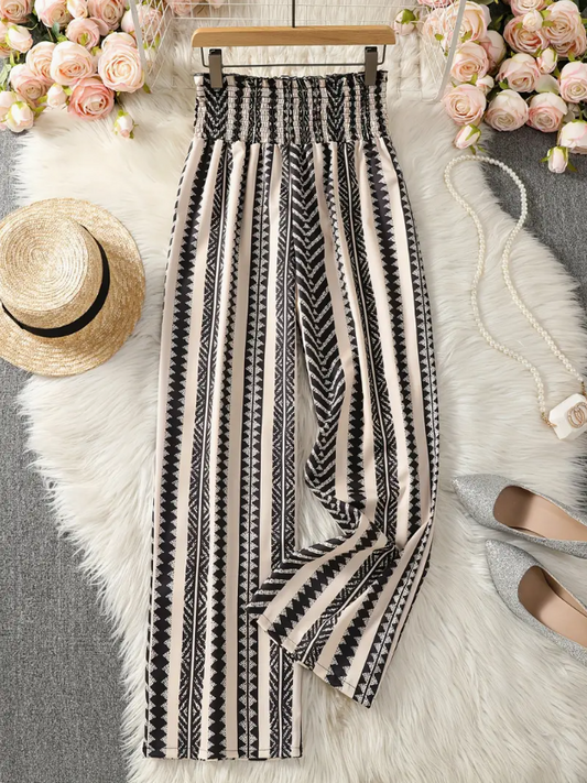 Pantalon large femme à rayures noires et blanches avec taille smockée