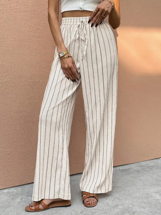 Pantalon large femme à rayures beige et marron avec taille ajustable